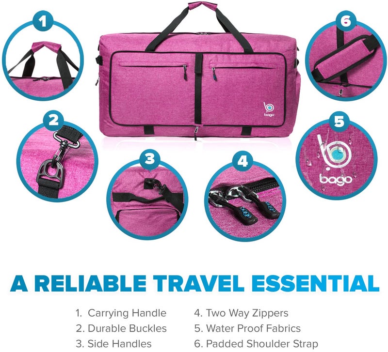 Bago Large Foldable Duffel Bags for Traveling Women & Men - 100L Packable Duffle Bag for Travel with Shoe Compartment - Water Repellant, Heavy Duty, Lightweight Folding & Collapsible (SnowPink) - Image 2